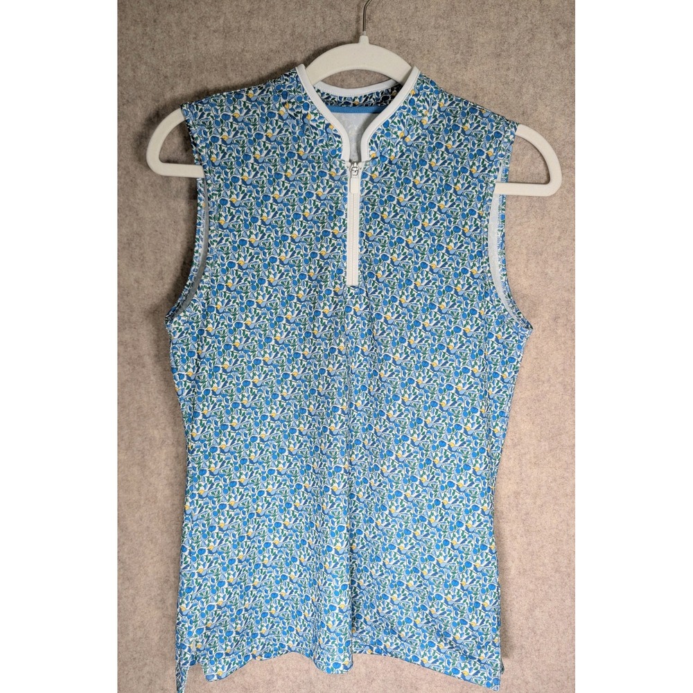 Tory Sport Women Blue Floral Bird Print Sleeveless Golf Polo Shirt Quarter Zip S